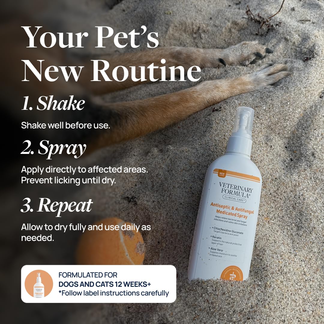 Odor buildup addressed by Veterinary Formula Clinical Care spray on skin