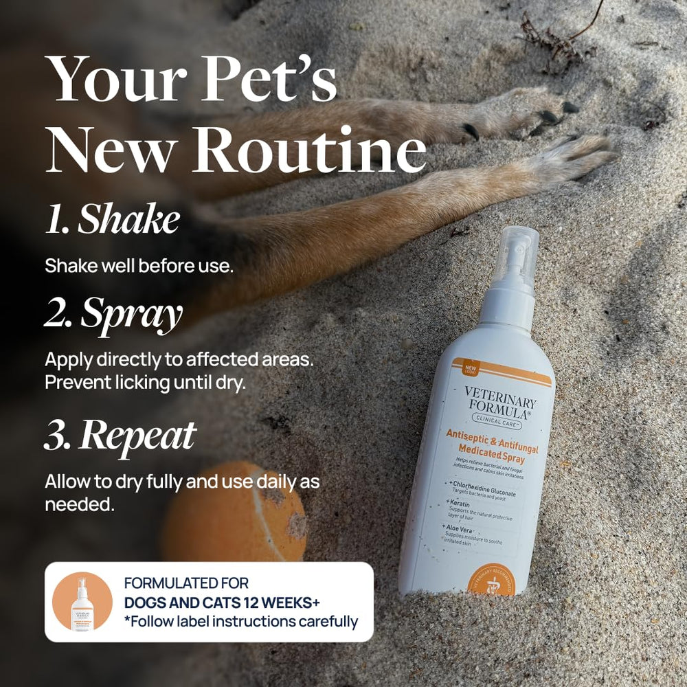 Odor buildup addressed by Veterinary Formula Clinical Care spray on skin