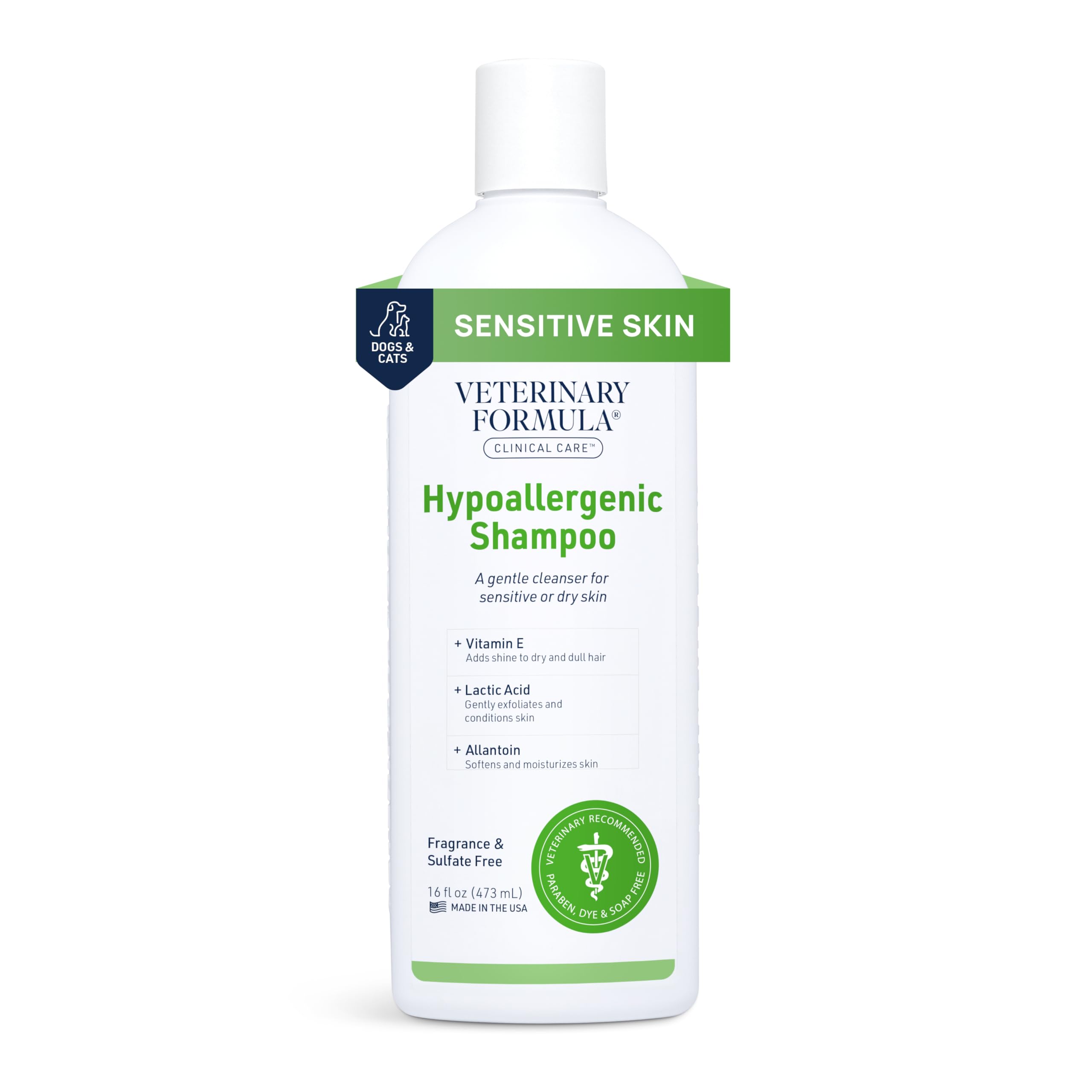 Veterinary Formula hypoallergenic shampoo bottle pour shows fragrance-free cleansing for sensitive pets