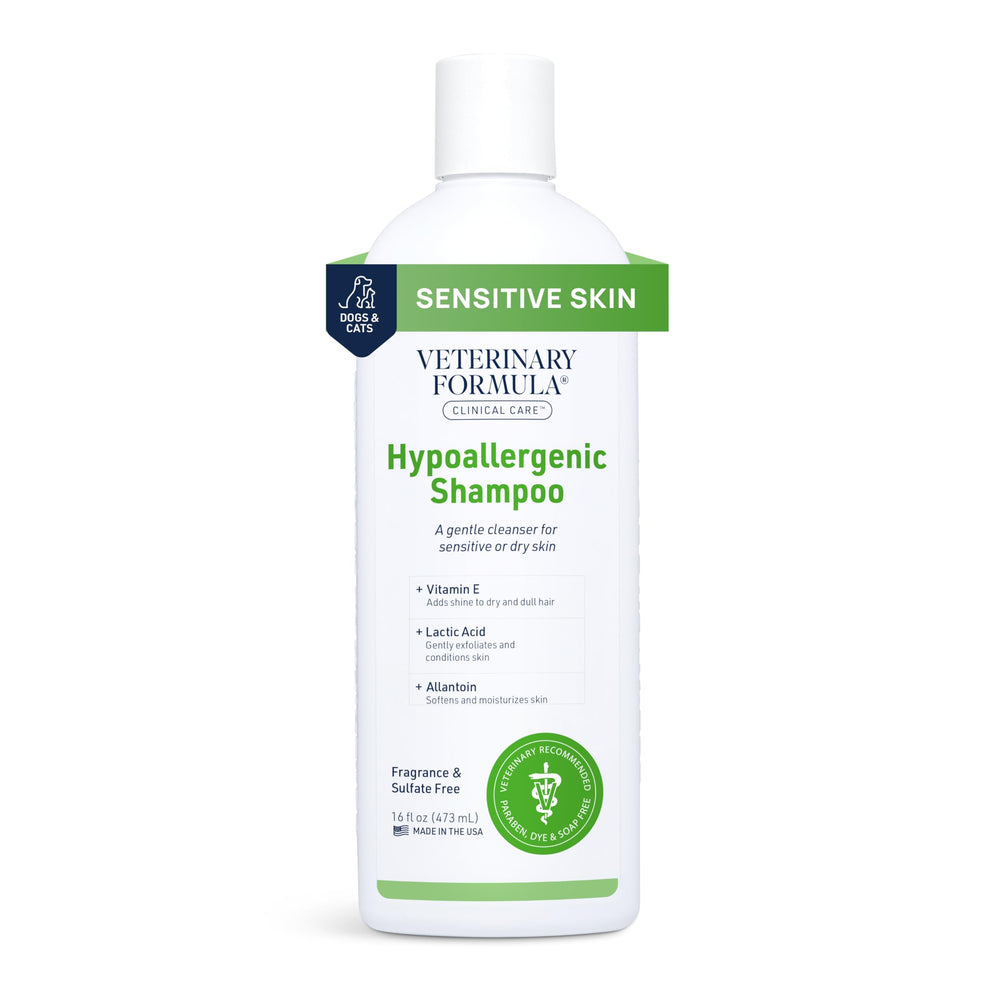 Veterinary Formula hypoallergenic shampoo bottle pour shows fragrance-free cleansing for sensitive pets