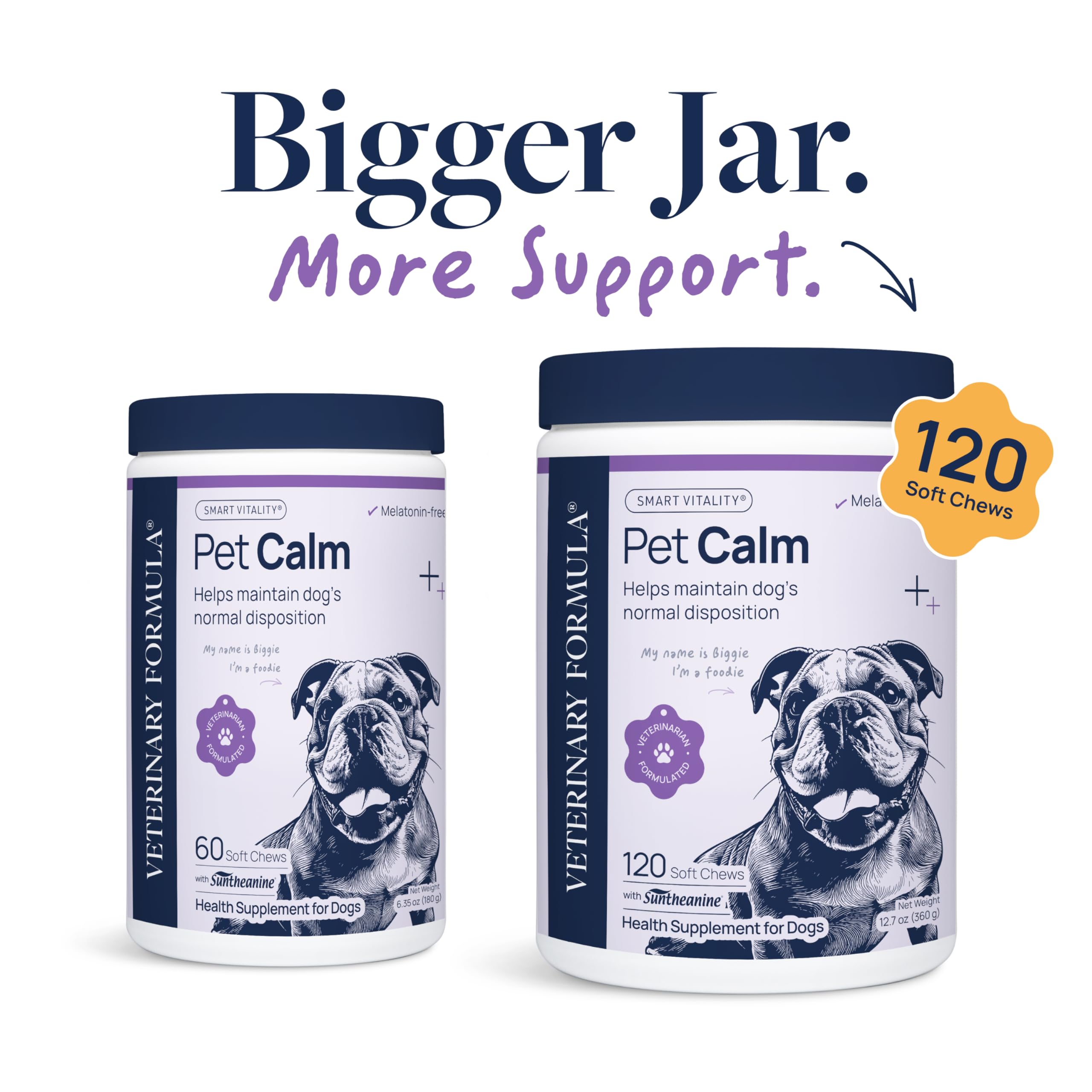 Pet Calm soft chews close-up highlight tasty, vet-formulated calming support for daily calm.