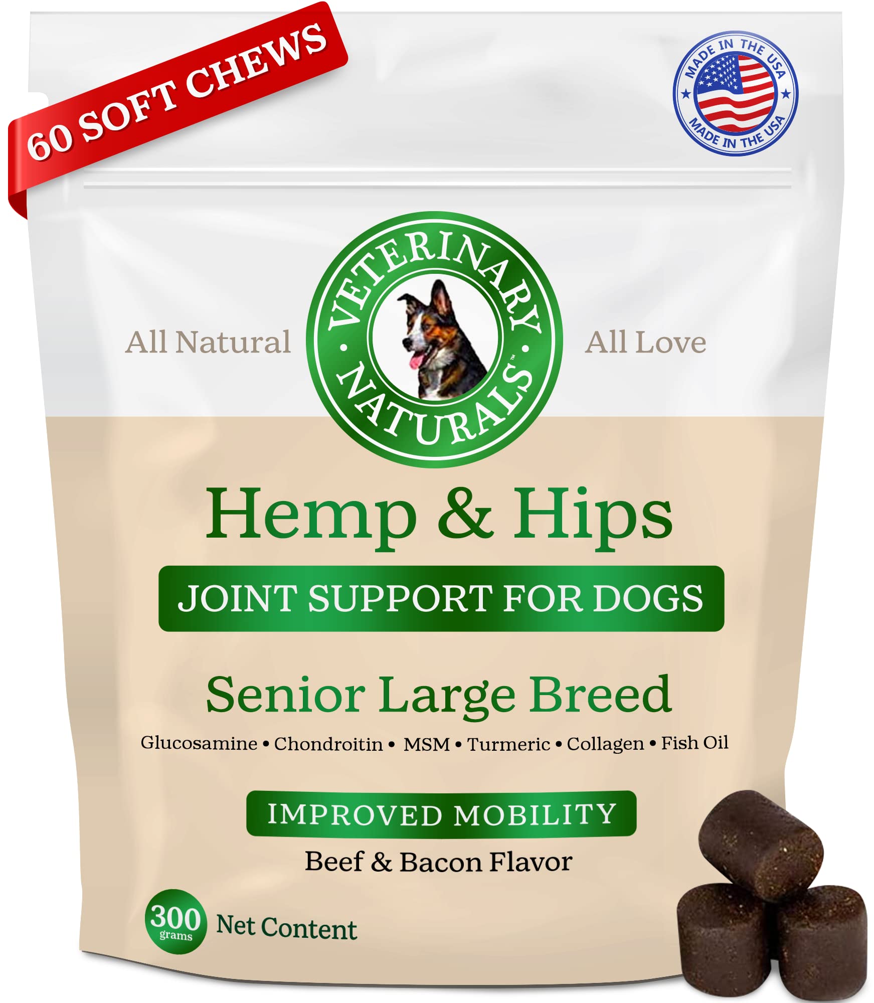 Veterinary Naturals Hemp & Hips bottle offers vet-formulated joint support for senior dogs.