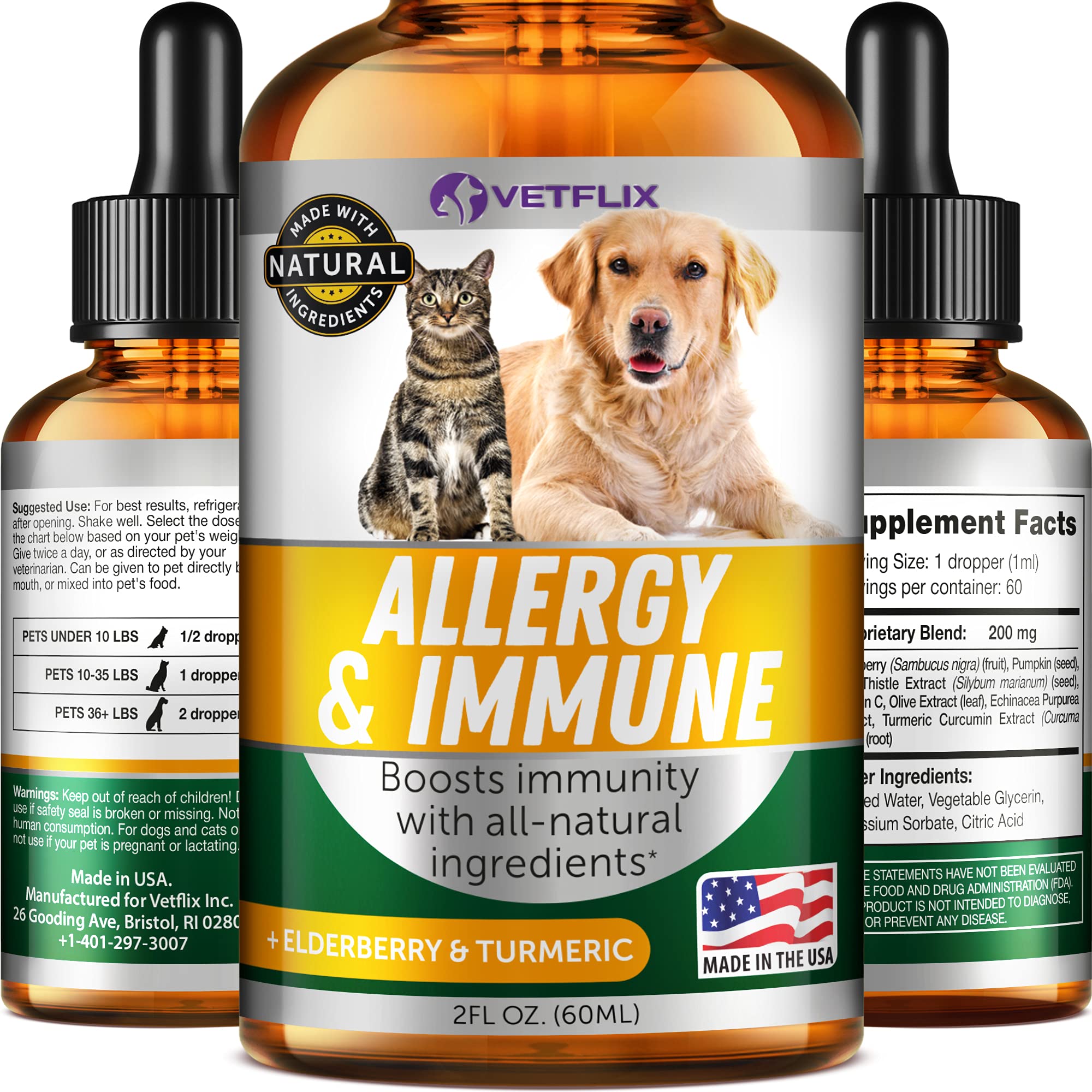 Vetflix Allergy and Immune Drops bottle label highlighting natural ingredients for immune support.