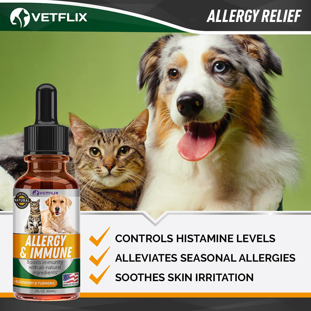 Vetflix allergy and immune drops packaging showing 2 fl oz size.