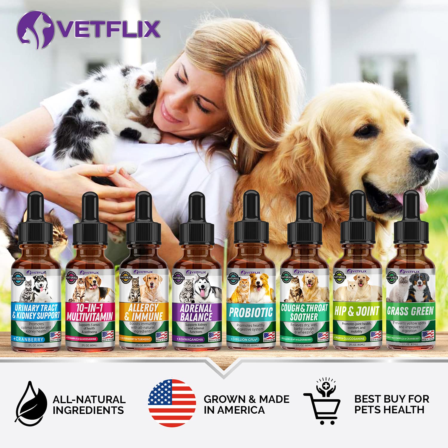 Vetflix bottle and vet-formulated claim on packaging, USA-made quality.