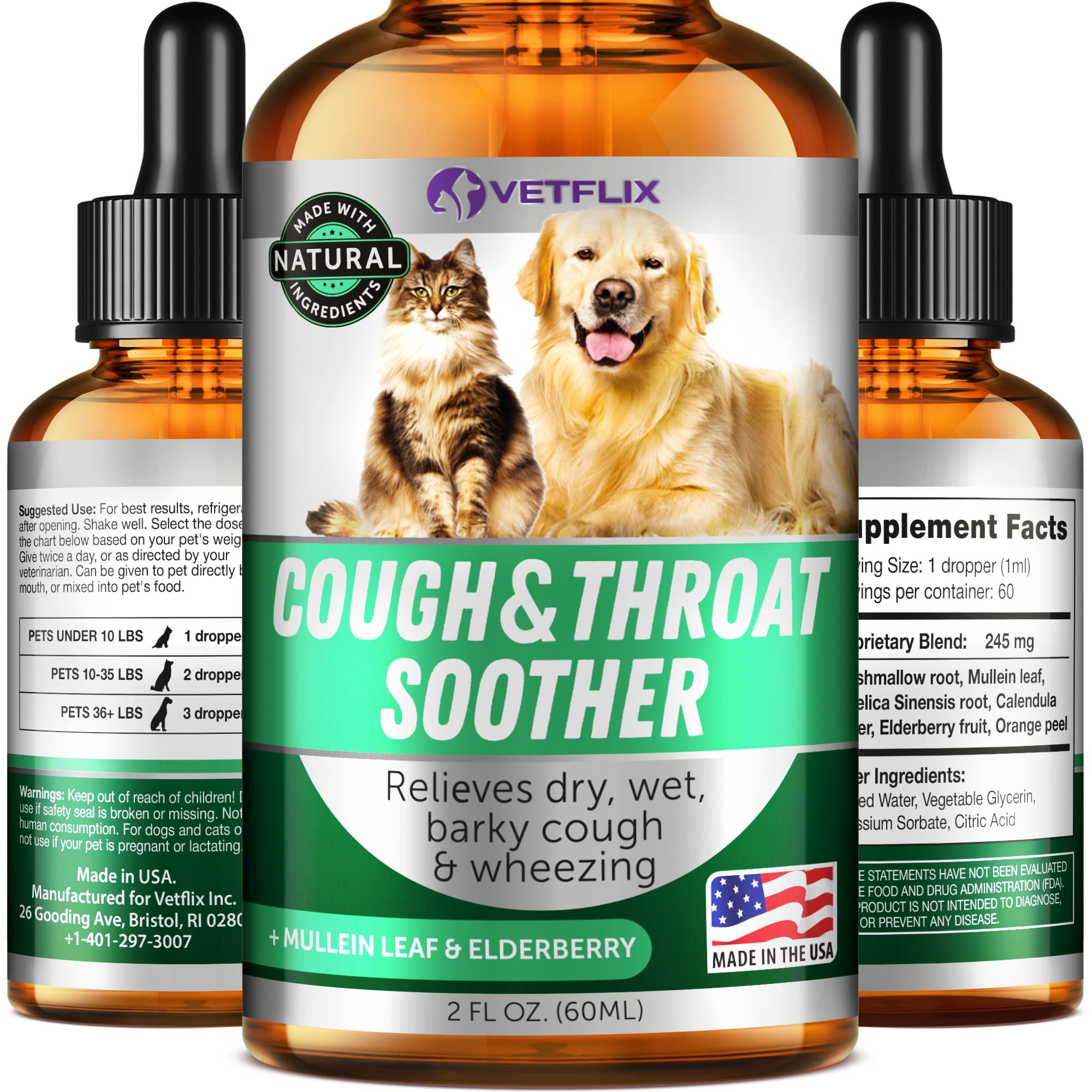 Vetflix Cough Relief bottle front promotes calm comfort for pets