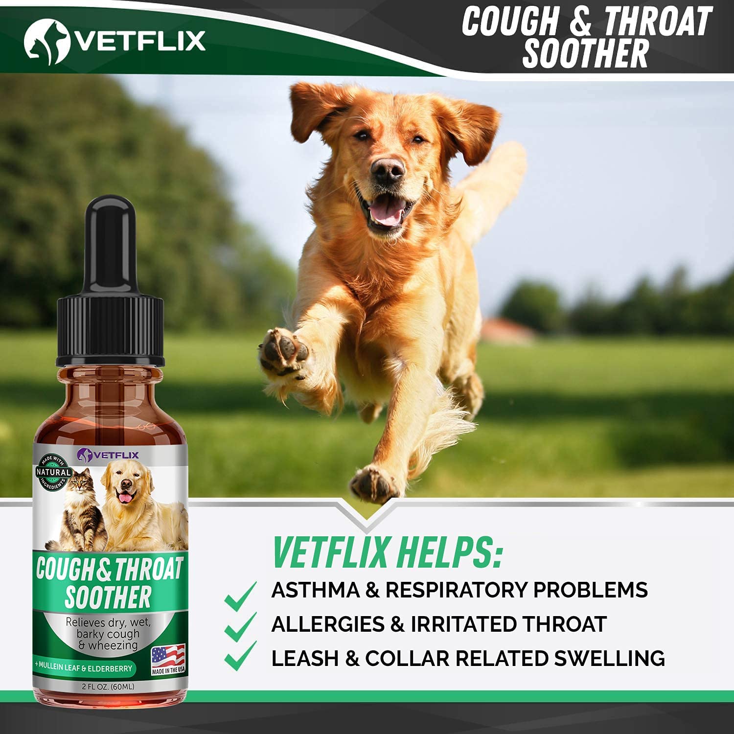 Vetflix Cough Relief drops captured mid-pour for easy dosing