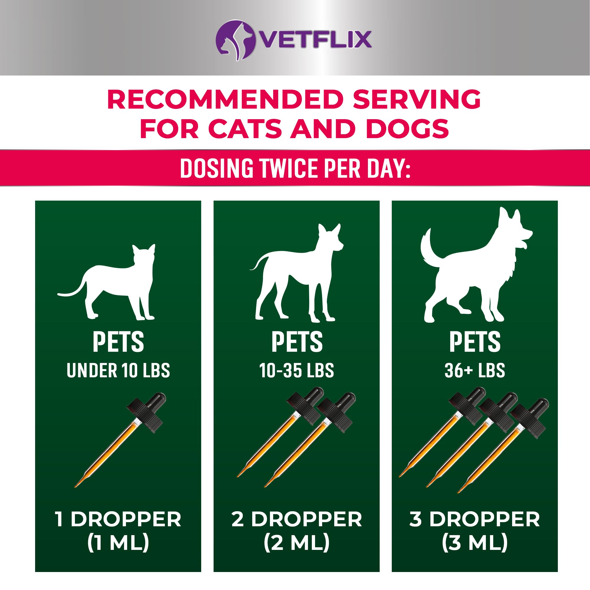 Vetflix skin and coat health with bottle and glossy fur close-up.