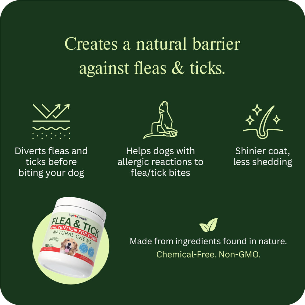 VetGrade bottle of beef-flavored chews for all breeds and protection.