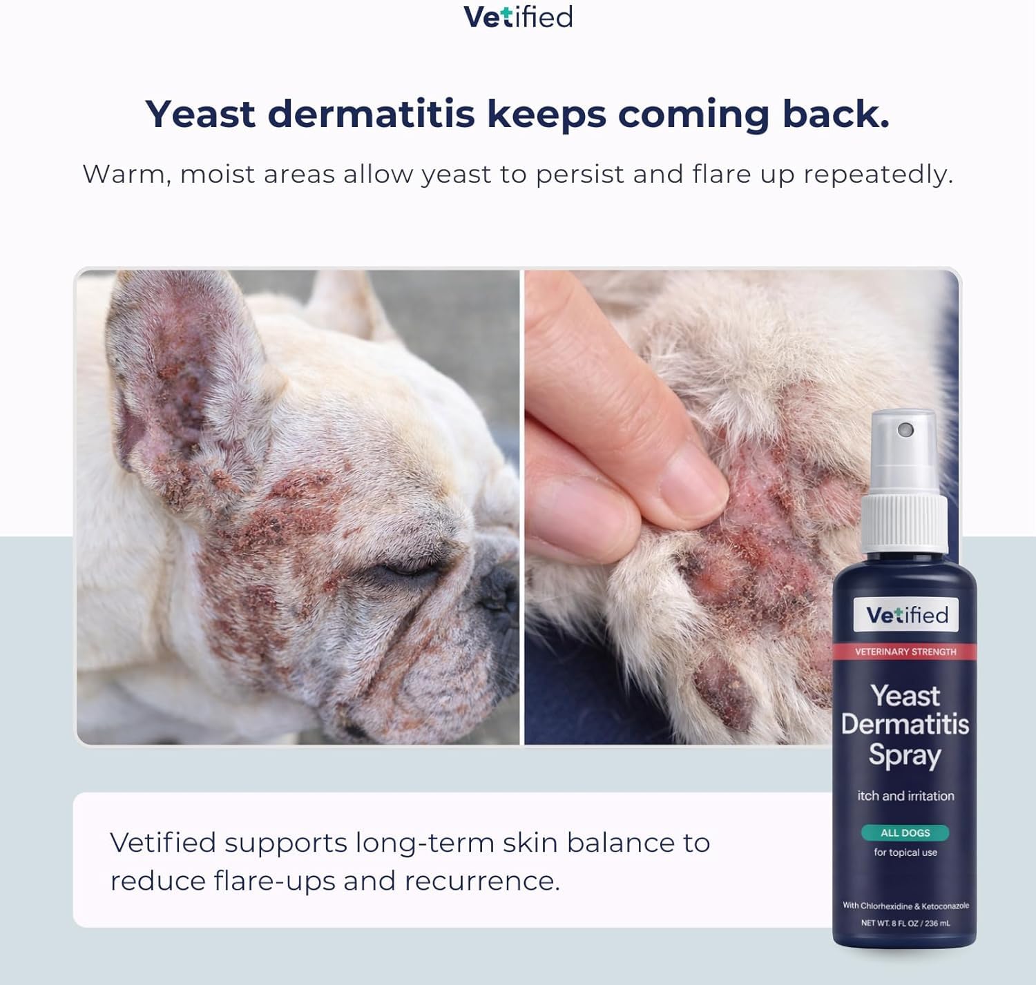 Skin folds and moisture-prone zones benefit from Vetified spray