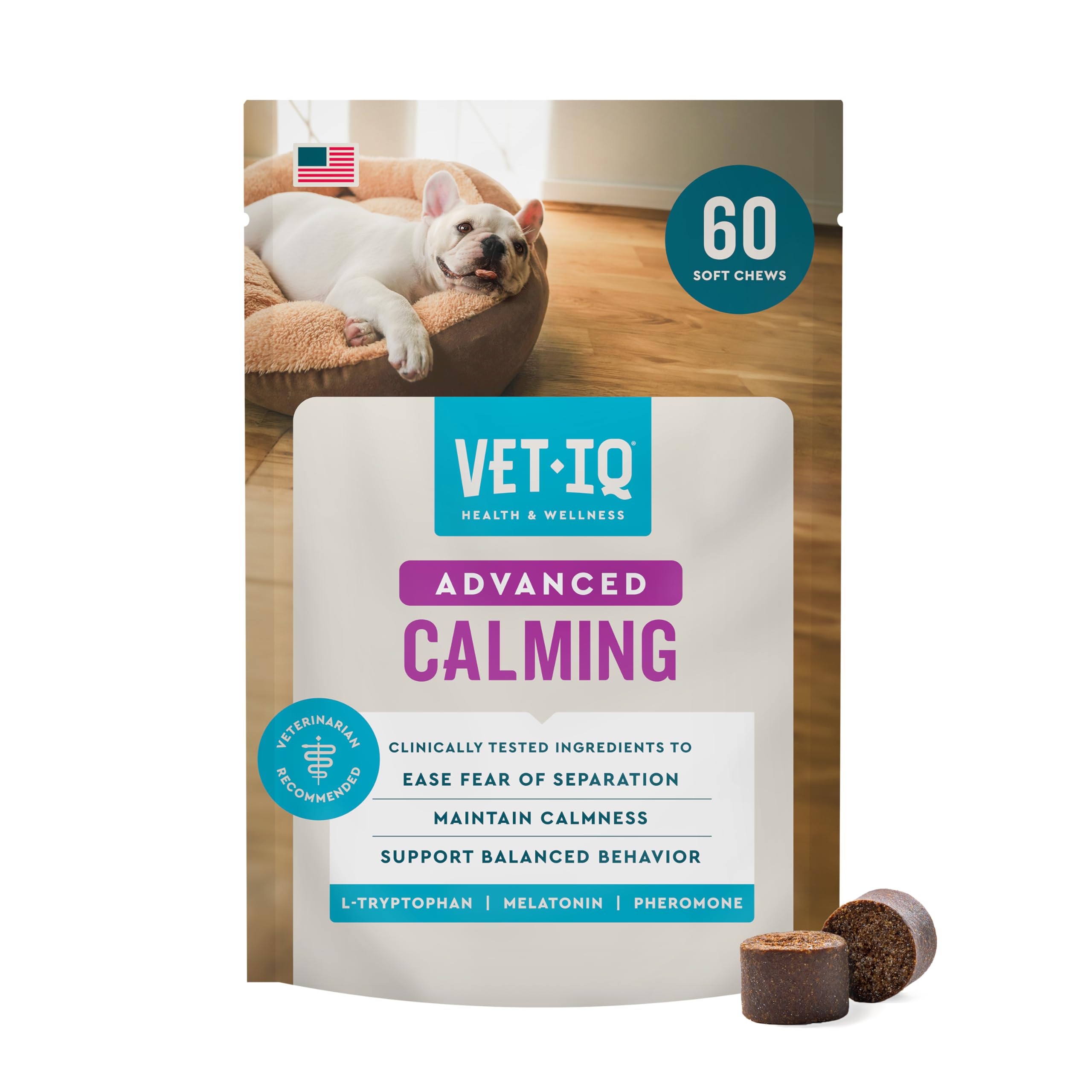 VetIQ Advanced Calming chews bottle helps dogs stay calm during storms