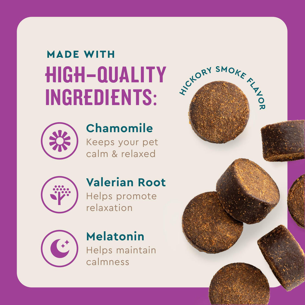 VetIQ Advanced Calming chews in a separation-scene setup for anxious dogs