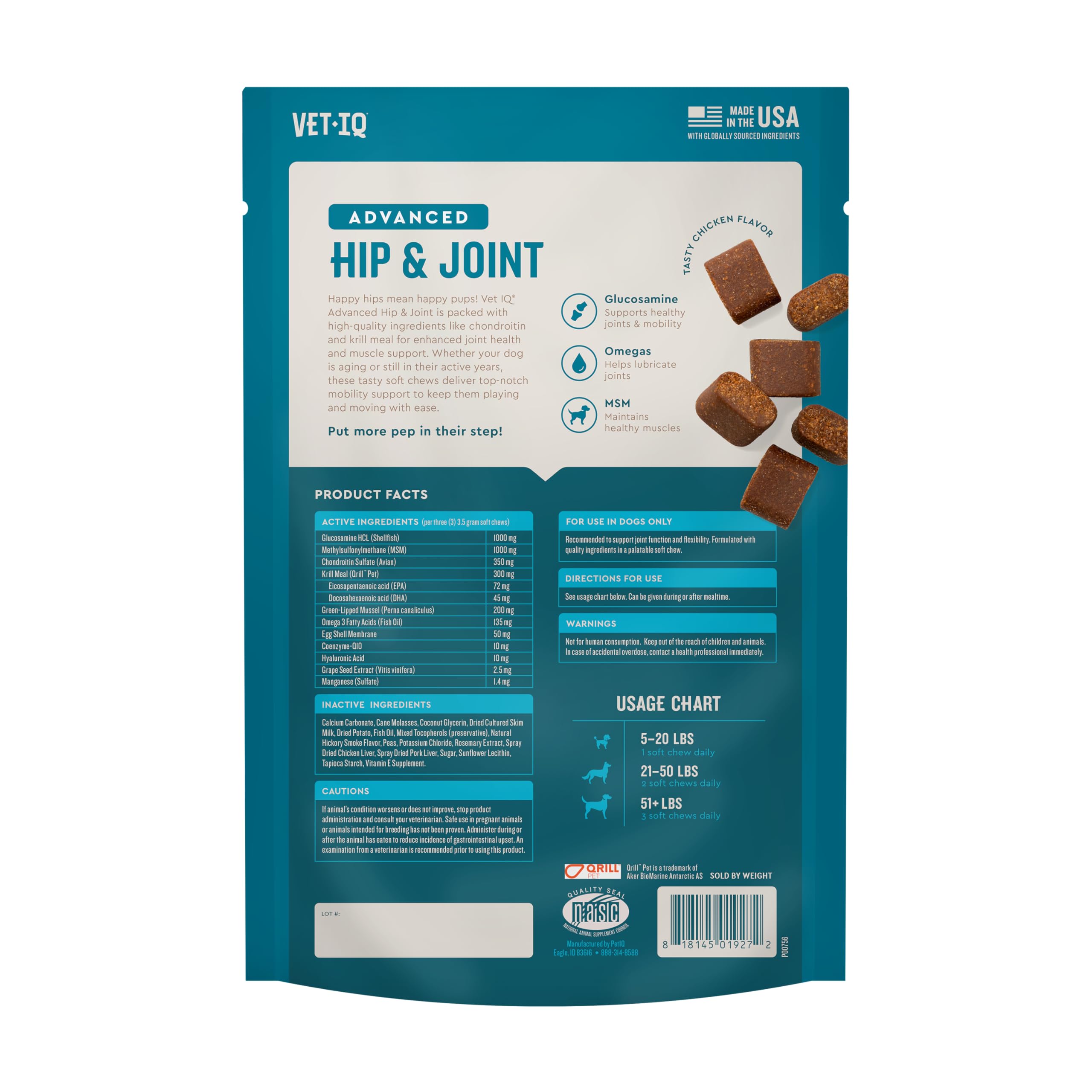 VETIQ Advanced Hip & Joint chews pack display highlights krill-based formula and omega-rich profile.