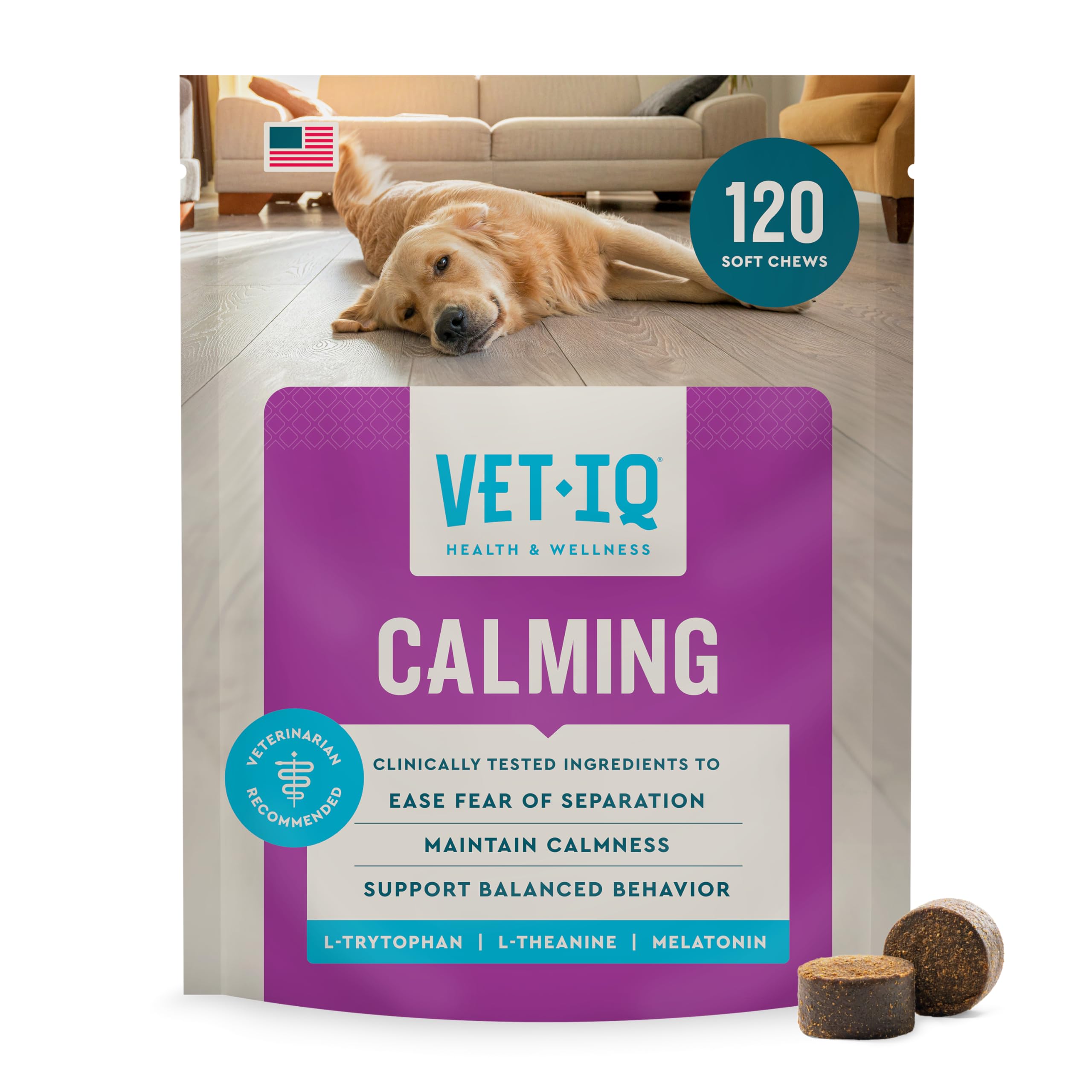VETIQ Calming Chews for dogs on kitchen counter supporting relaxed daily routines.