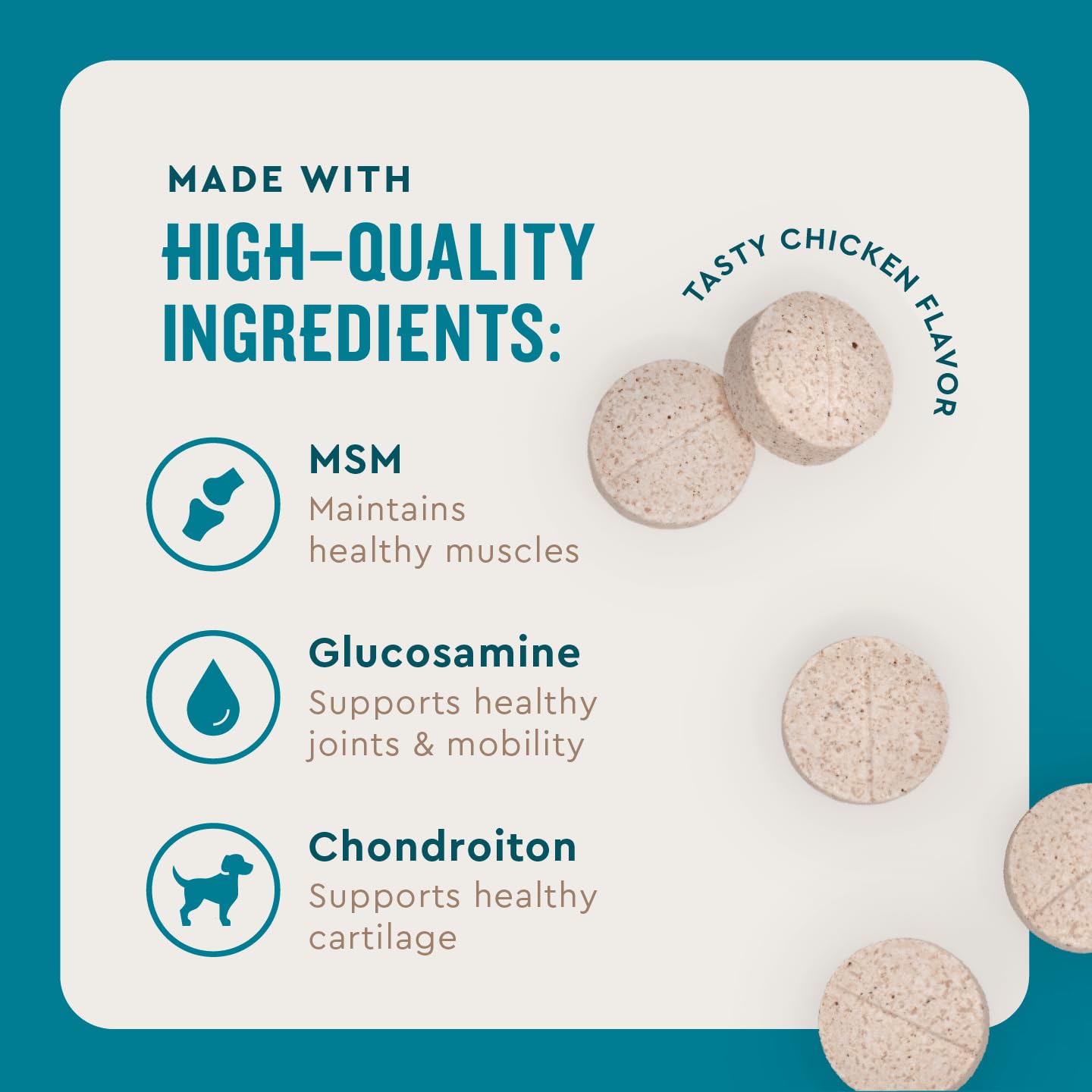VetIQ glucosamine, chondroitin, and MSM formula supports healthy joints.