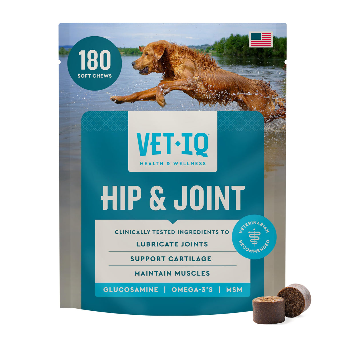 VETIQ glucosamine hip joint soft chews bottle close-up for mobility support.