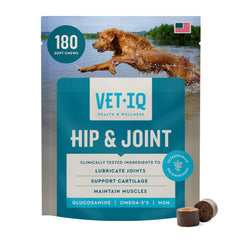 VETIQ glucosamine hip joint soft chews bottle close-up for mobility support.