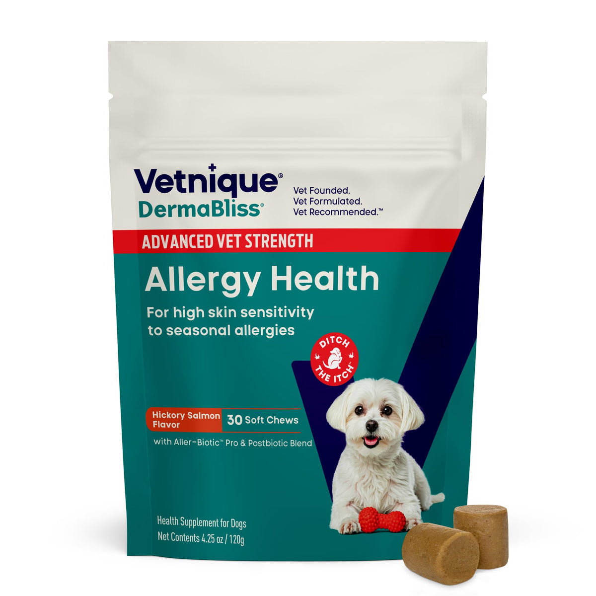 Vetnique DermaBliss Advanced Strength chews in bottle support skin and gut health