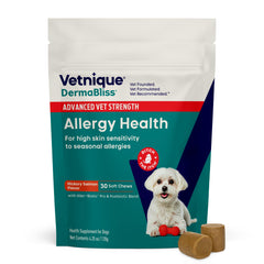Vetnique DermaBliss Advanced Strength chews in bottle support skin and gut health