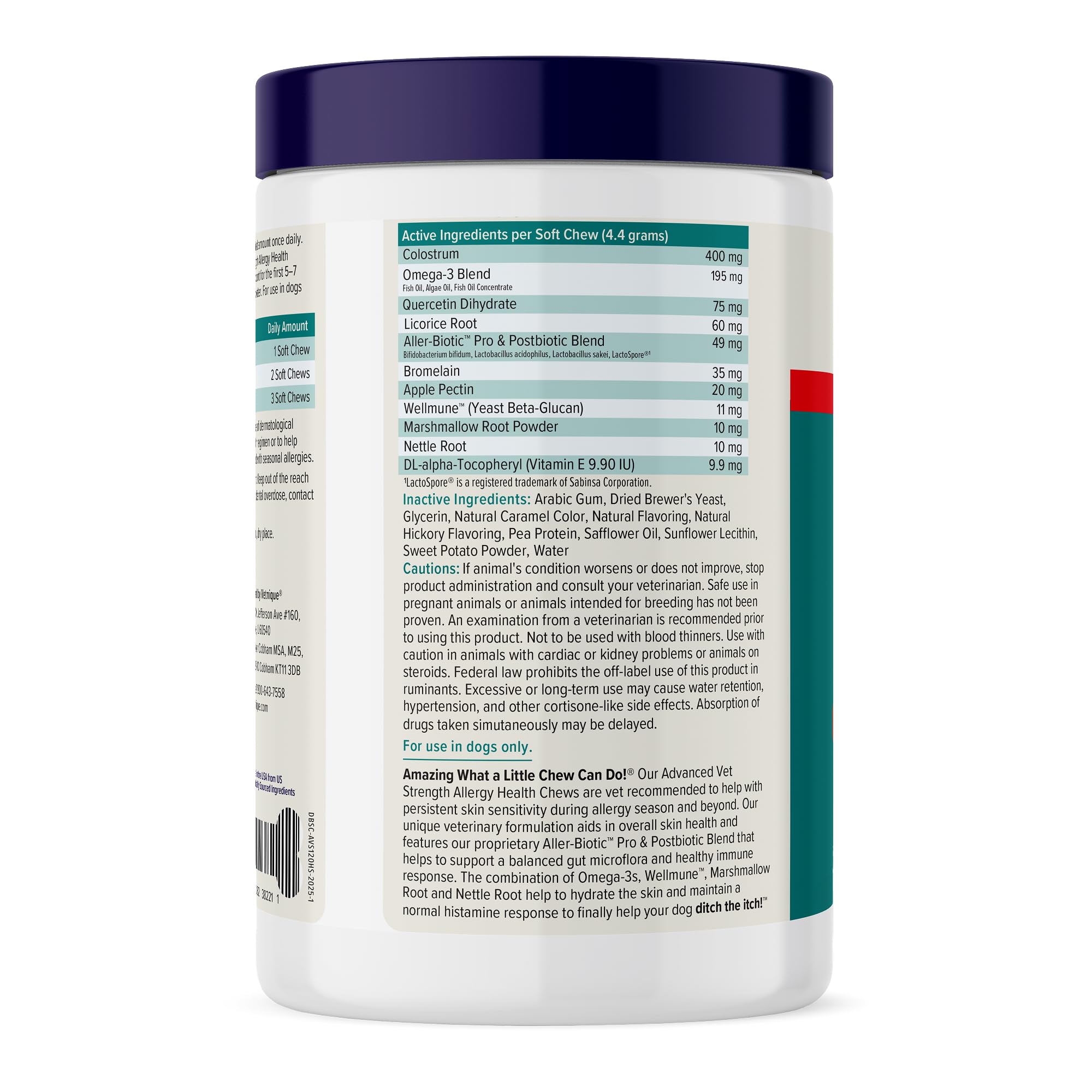 Vetnique DermaBliss Advanced Strength dog chews bottle for stronger skin and gut support.