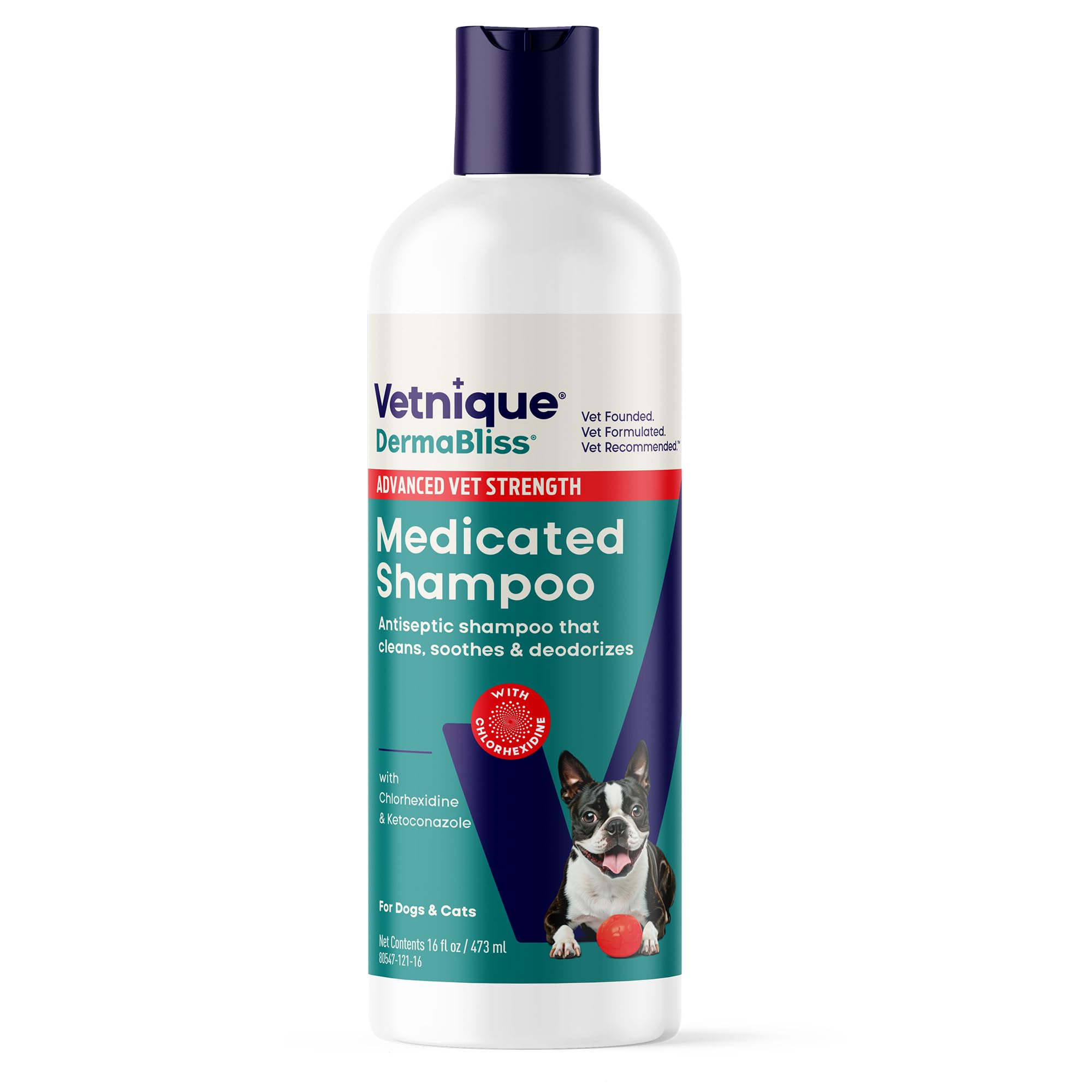 Vetnique Dermabliss bottle pouring medicated shampoo for pets' skin care.