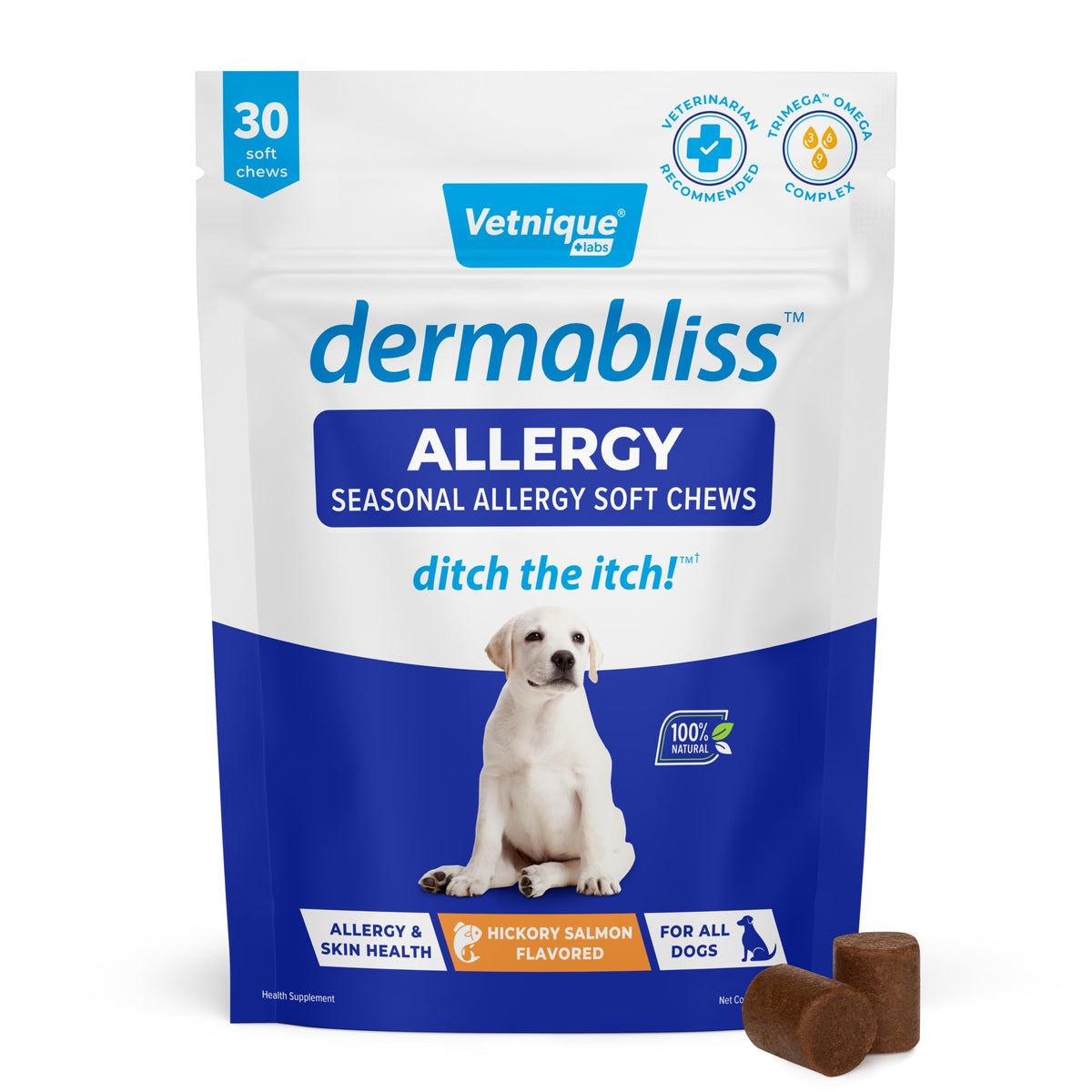 Vetnique DermaBliss chews for paw itch relief during allergy season.