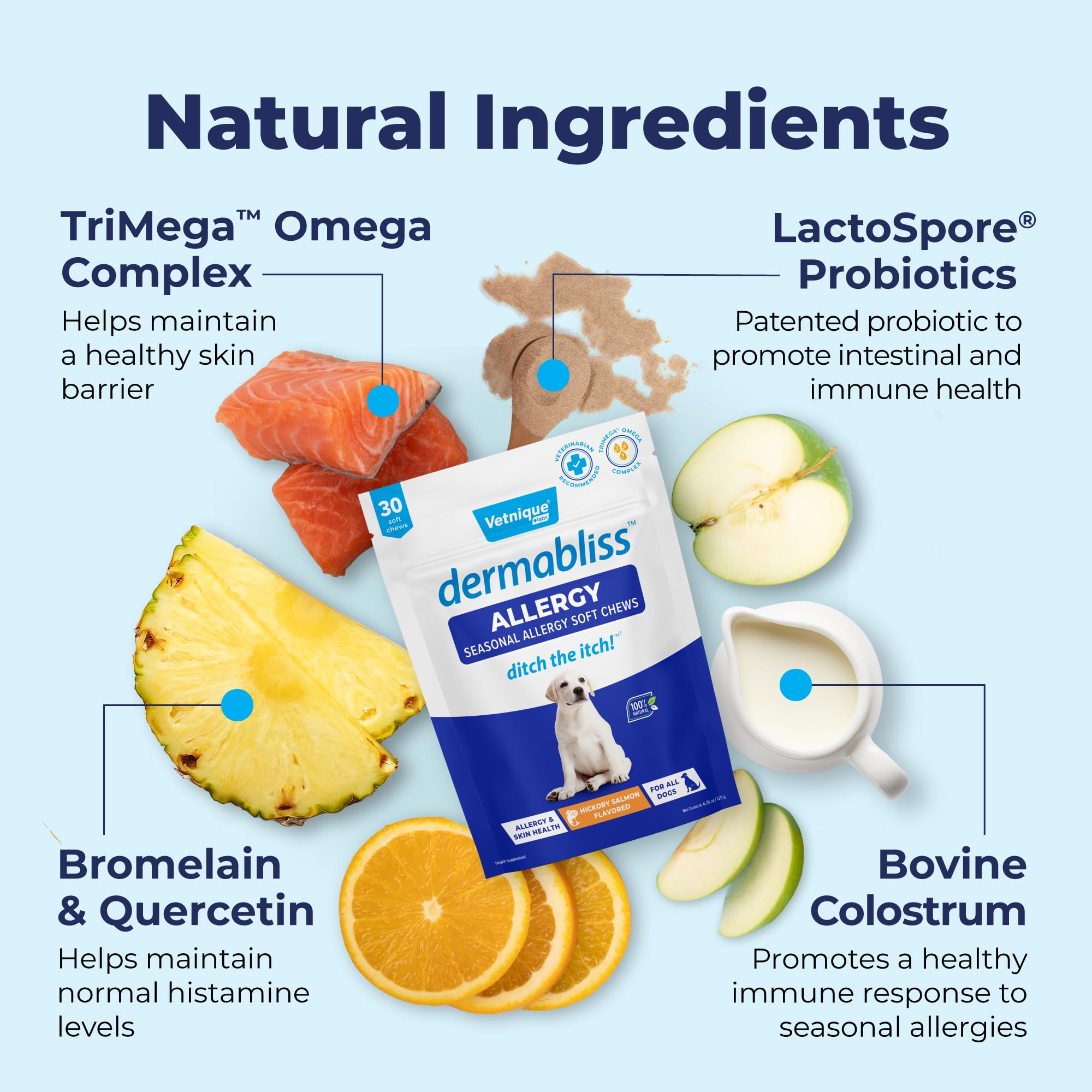 Triple-strain probiotic mix supports gut balance and immune wellness.