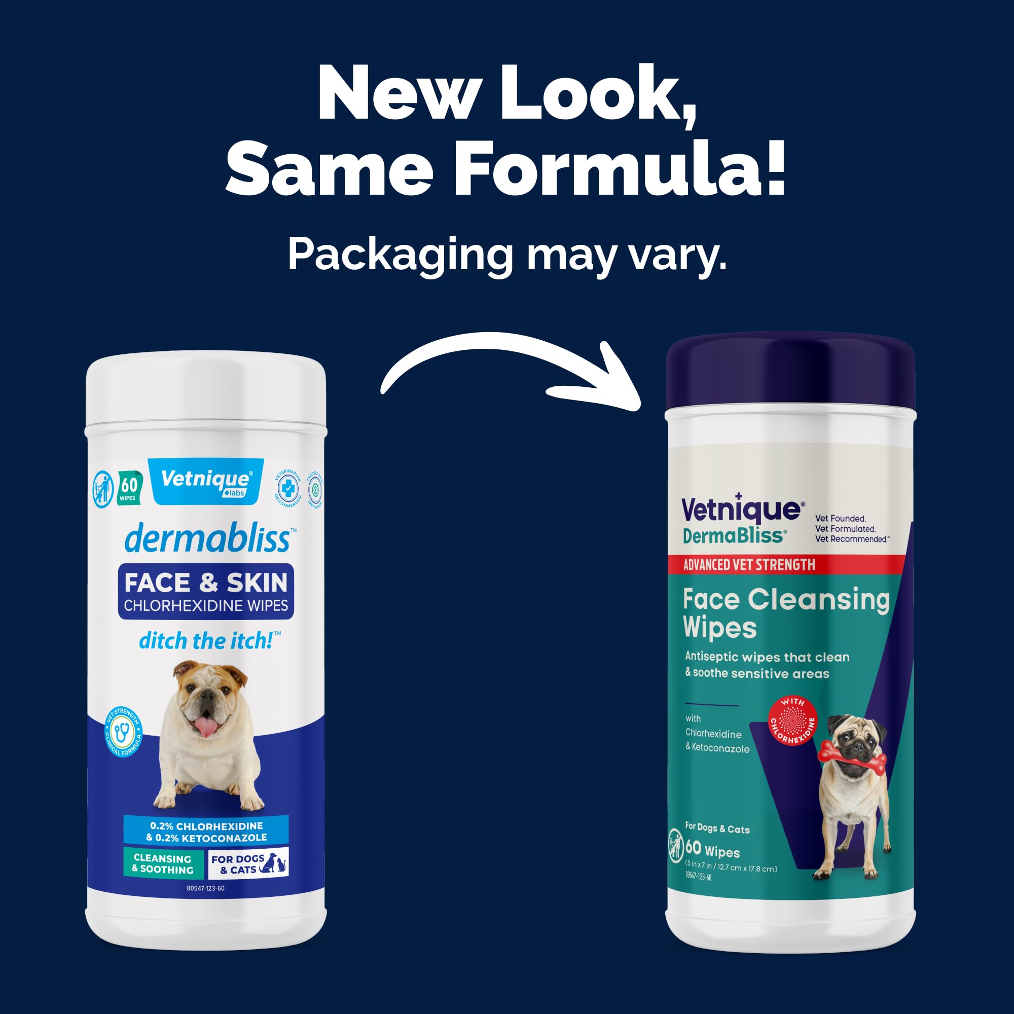 Closeup of chlorhexidine formula in Vetnique Dermabliss wipes for sensitive skin.