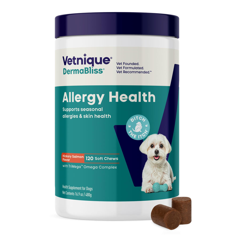 Vetnique DermaBliss dog allergy chews bottle for seasonal itch relief