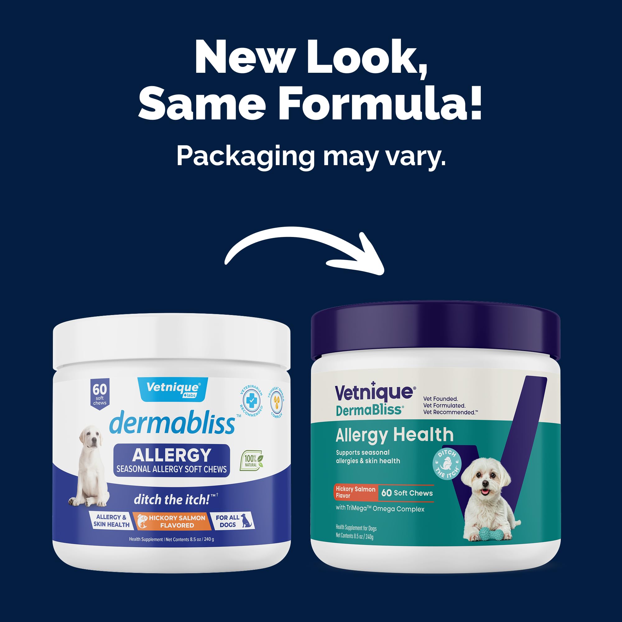 Vetnique DermaBliss packaging front highlighting vet-formulated allergy support.