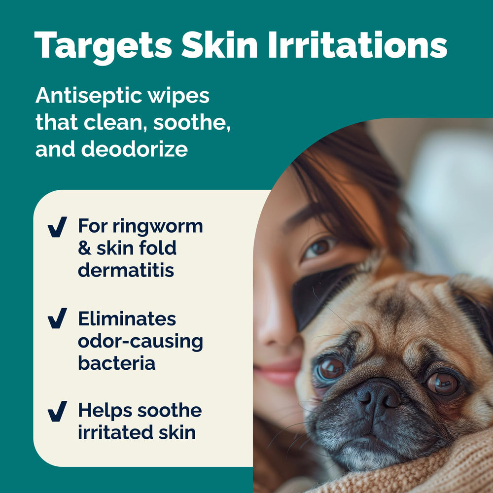 Dermabliss wipe being applied to a dog's skin for quick care.