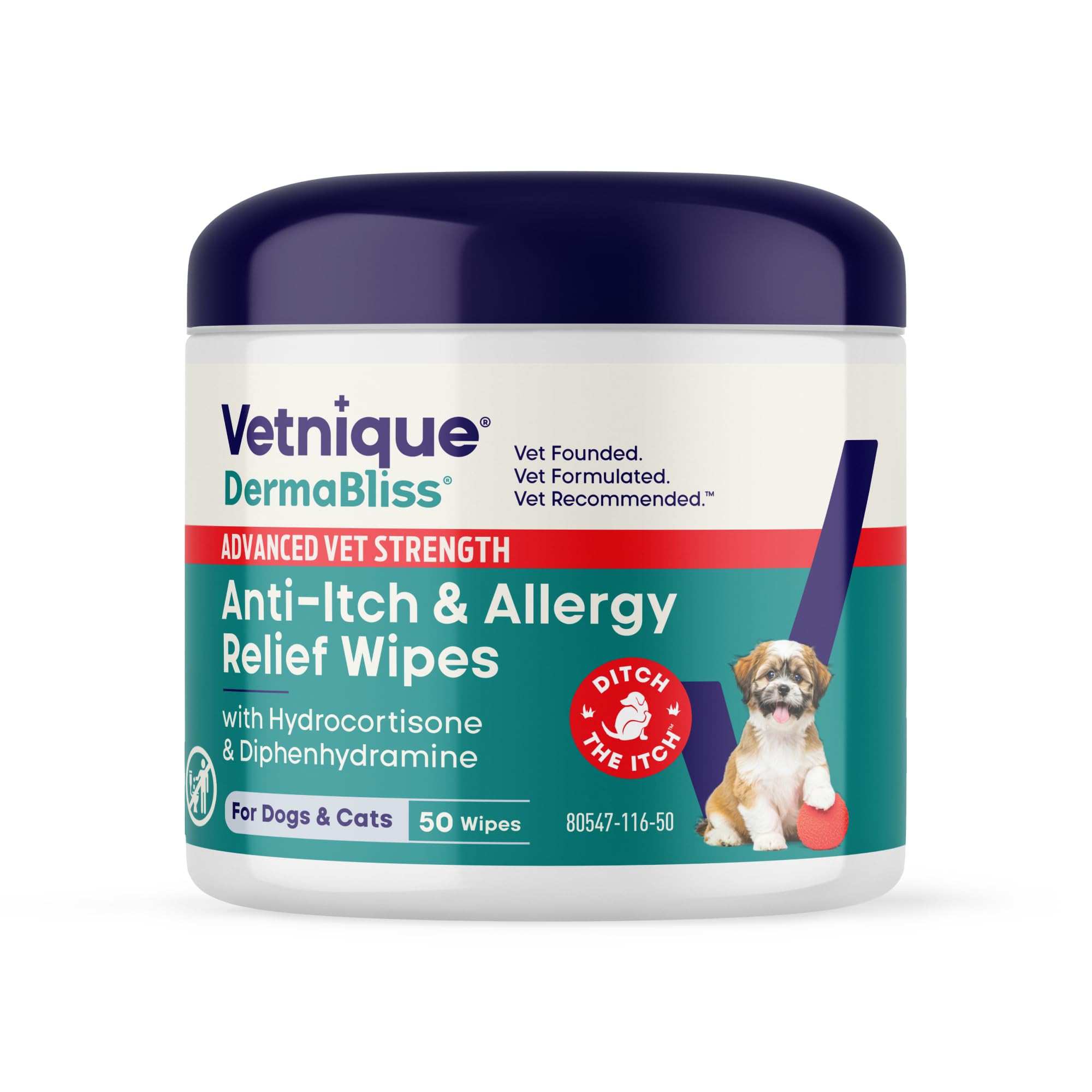 Vetnique Dermabliss wipes packaging showing medicated care for itchy skin