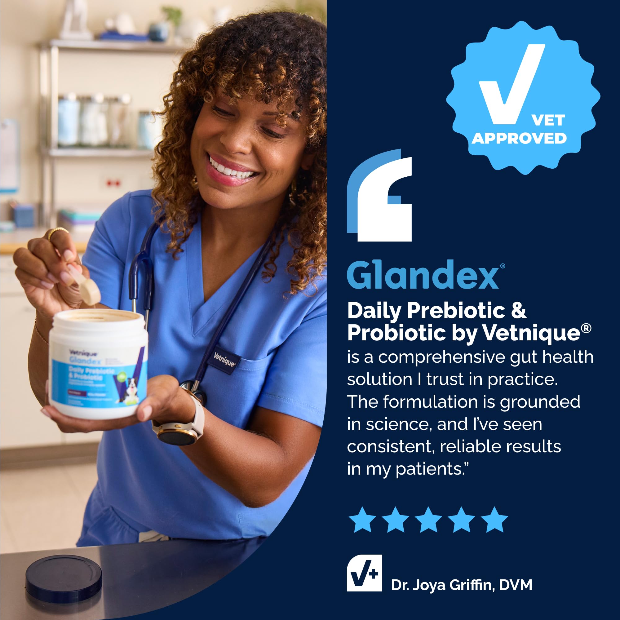 5-strain probiotic blend in Glandex for canine digestion and immunity.