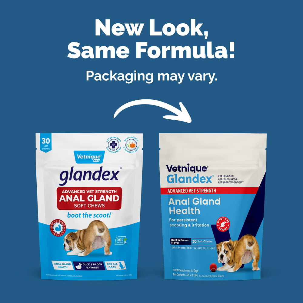 Vetnique Glandex advanced strength duck bacon chews chewed by dogs to ease daily digestion.