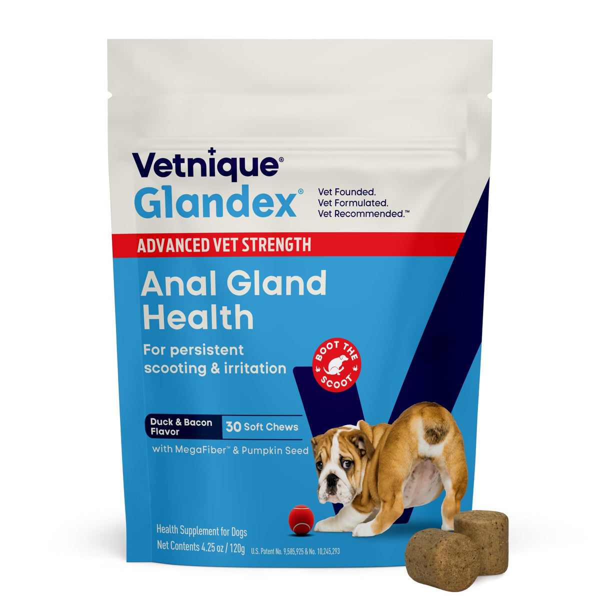 Vetnique Glandex pumpkin chews close-up: soft texture supporting digestion and anal glands.