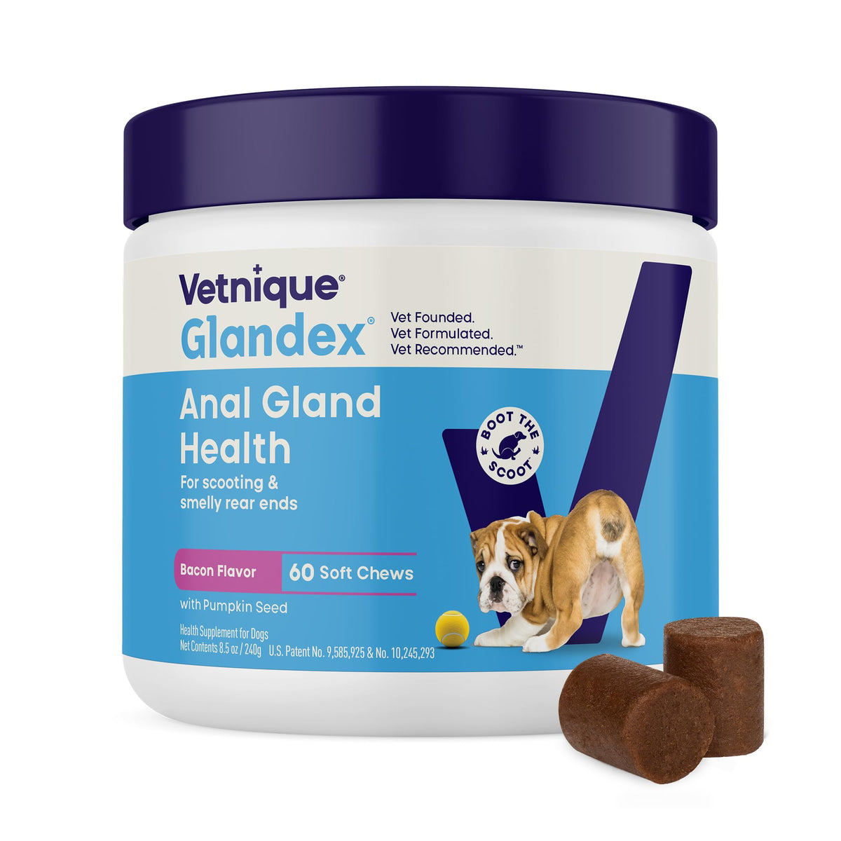 Vetnique Glandex bacon chew bottle supports healthy anal glands and digestive balance.