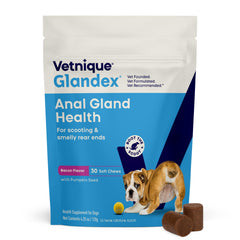 Vetnique Glandex bacon chews bottle for easy daily canine supplementation