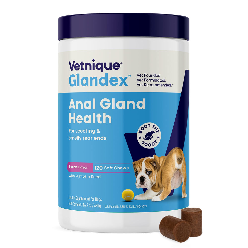 Vetnique Glandex bacon chews pack for dogs, appealing flavor and form.
