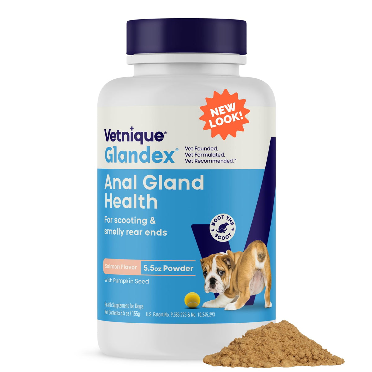 Vetnique Glandex bottle pour showing easy daily dosing for anal gland support
