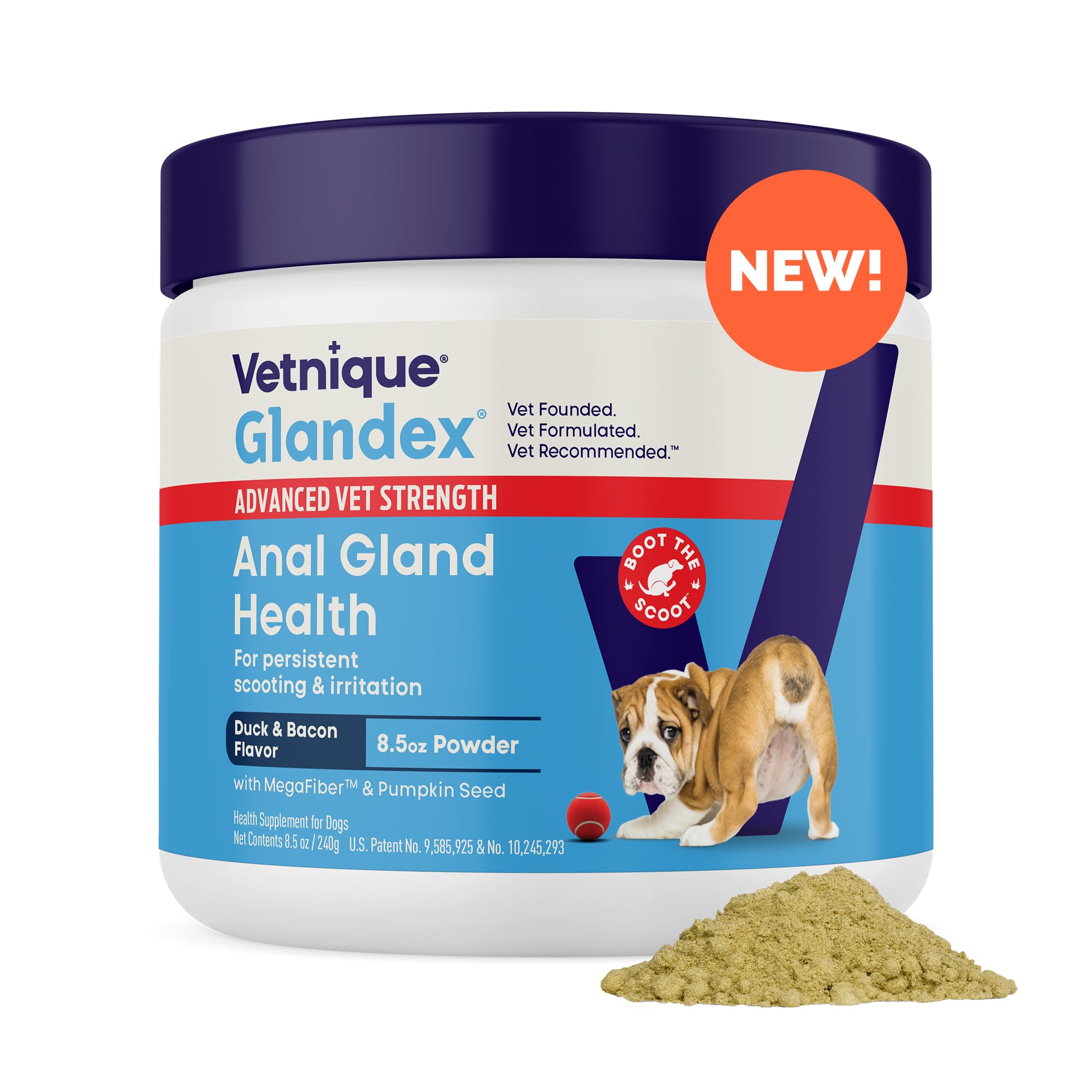 Vetnique Glandex bottle showing pumpkin-based formula supporting digestive health.