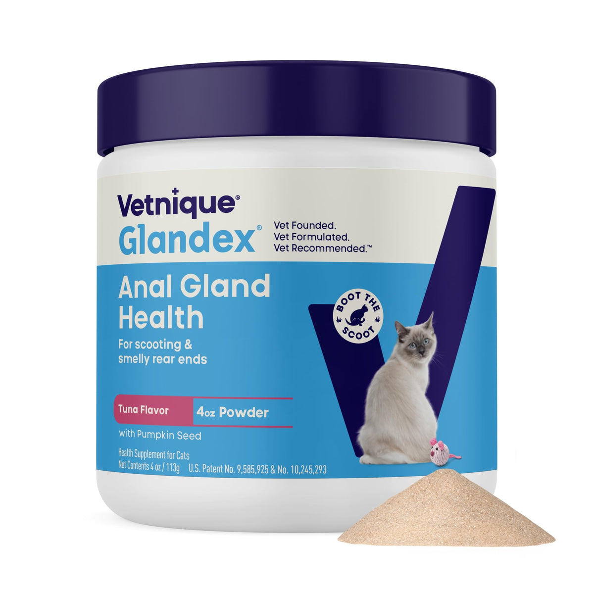 Vetnique Glandex cat anal gland powder bottle in tuna flavor supports digestion and routine.