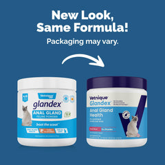 Vetnique Glandex daily probiotic powder with tuna and included scoop for easy dosing.