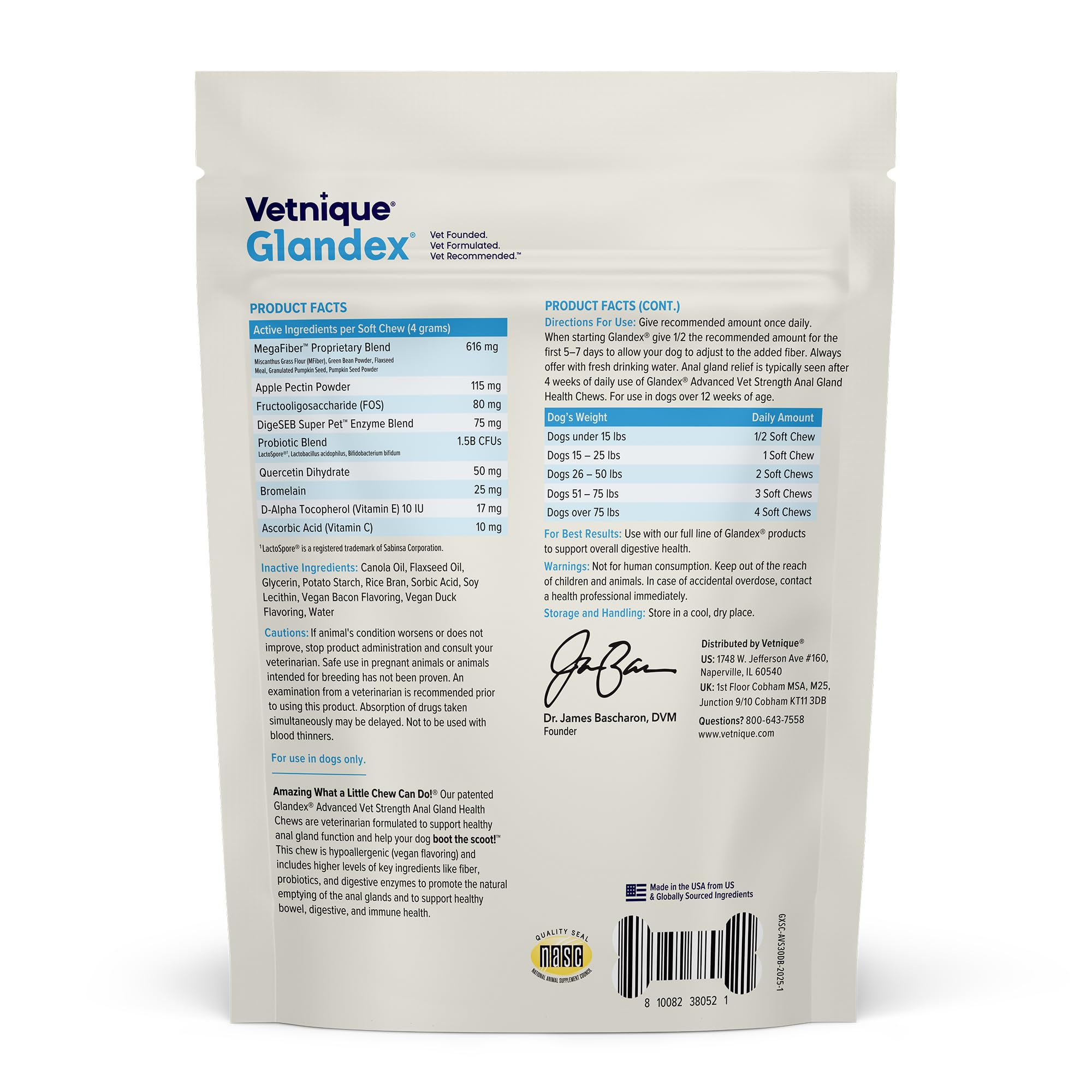 Vetnique Glandex digestive enzymes probiotics blend bottle close-up illustrating gut-supporting ingredients.