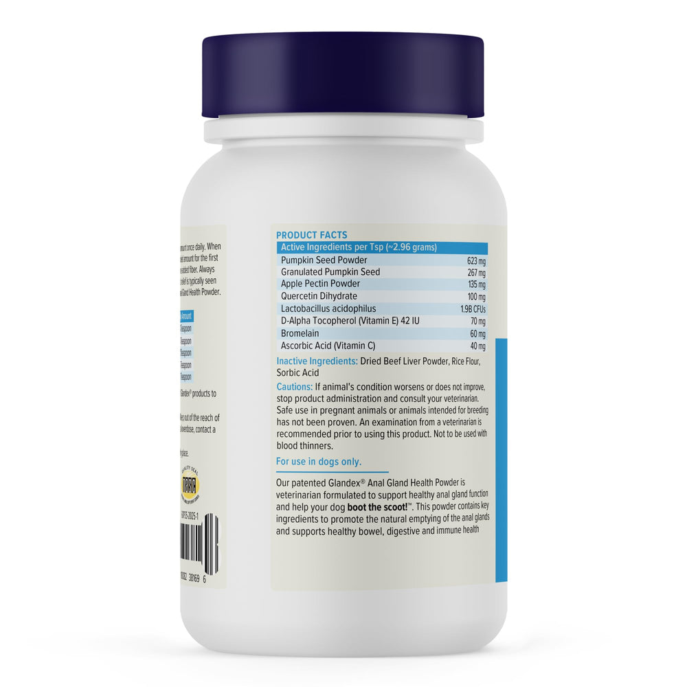 Glandex digestive health powder with fiber in a 2.5oz bottle for dogs.