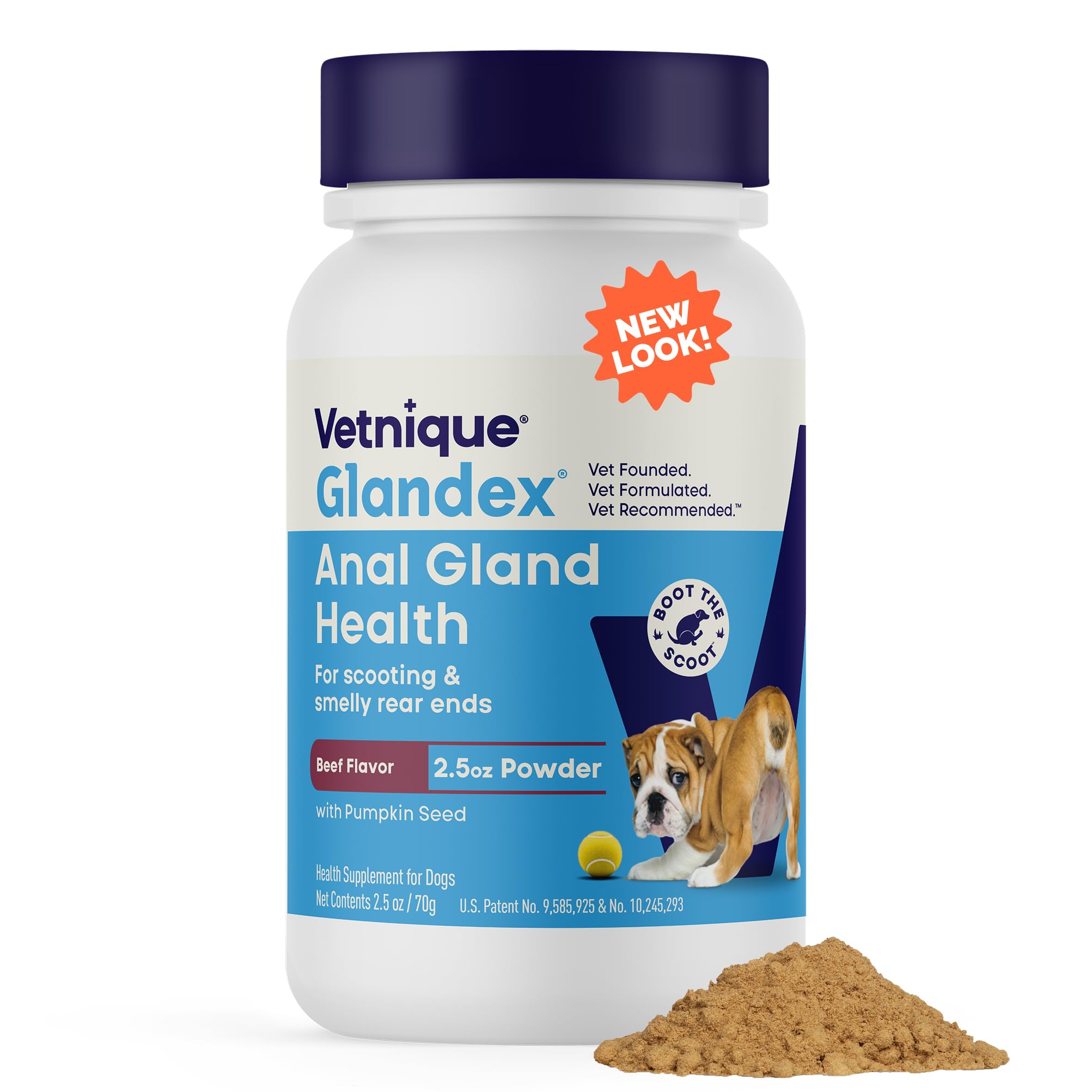 Vetnique Glandex bottle showing dog anal glands powder supporting healthy gland function.