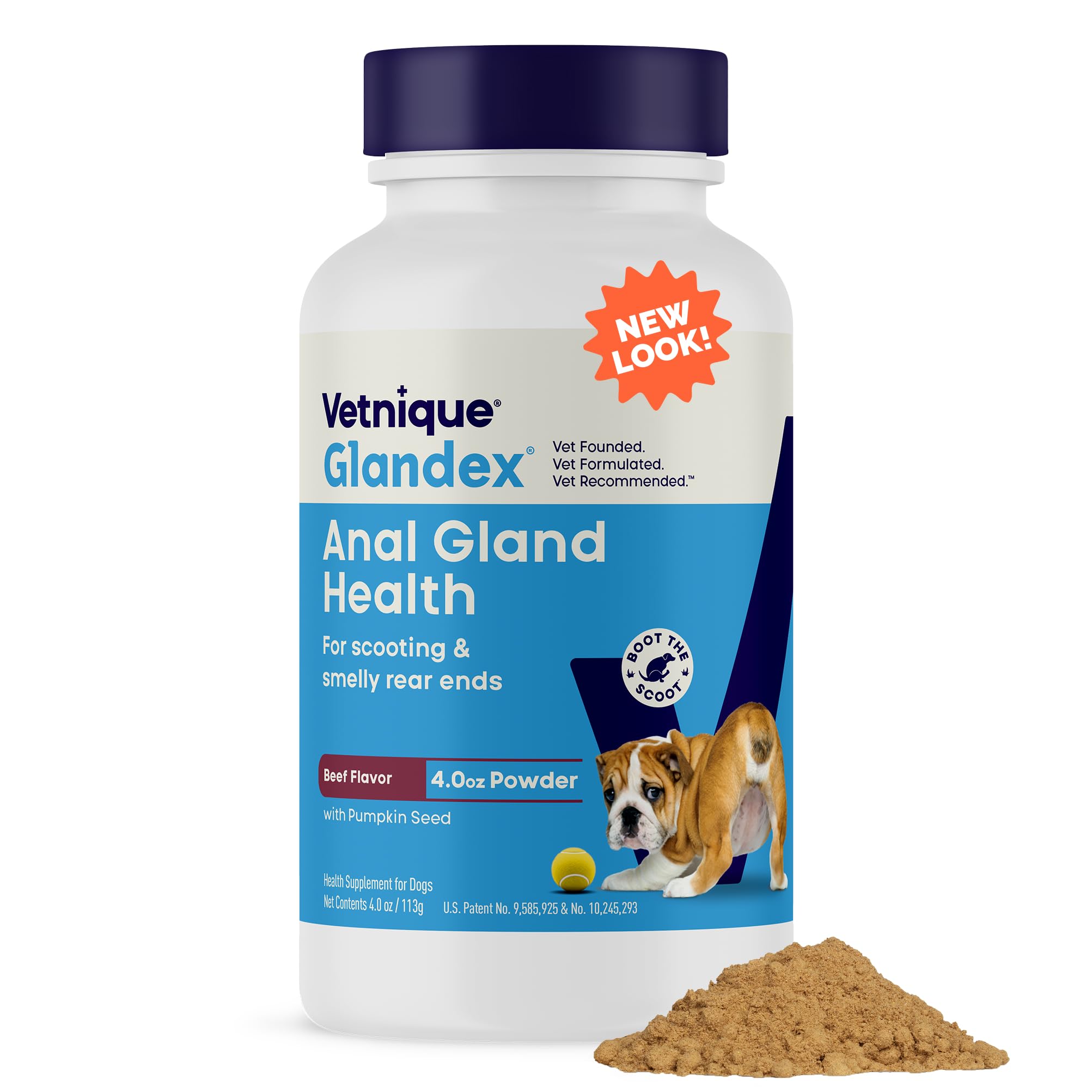 Close-up of Vetnique Glandex powder for dogs supporting healthy anal glands.