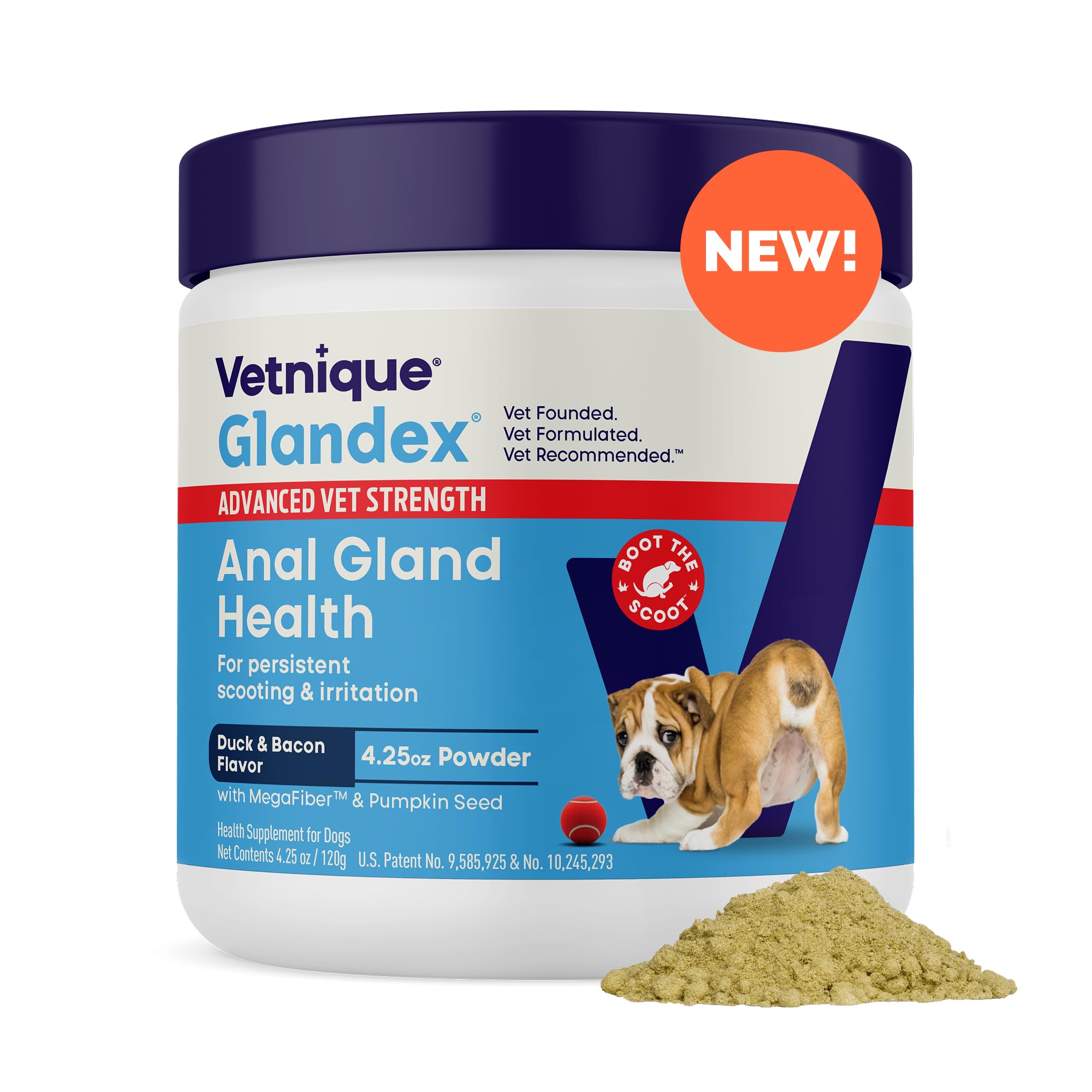 Vetnique Glandex dog fiber supplement bottle promotes digestive health.