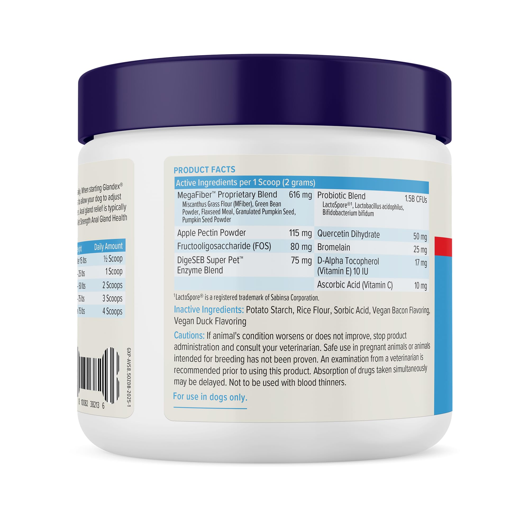 Glandex dog powder scoop demonstrates easy daily dosing for pet care.