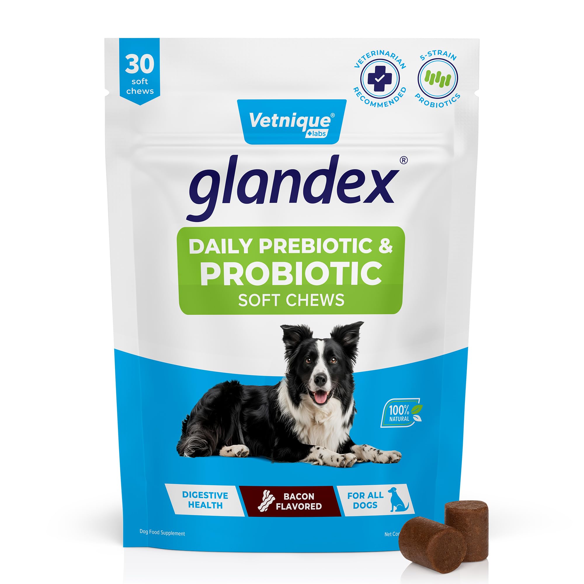 Vetnique Glandex chews bottle for daily gut and immune support.