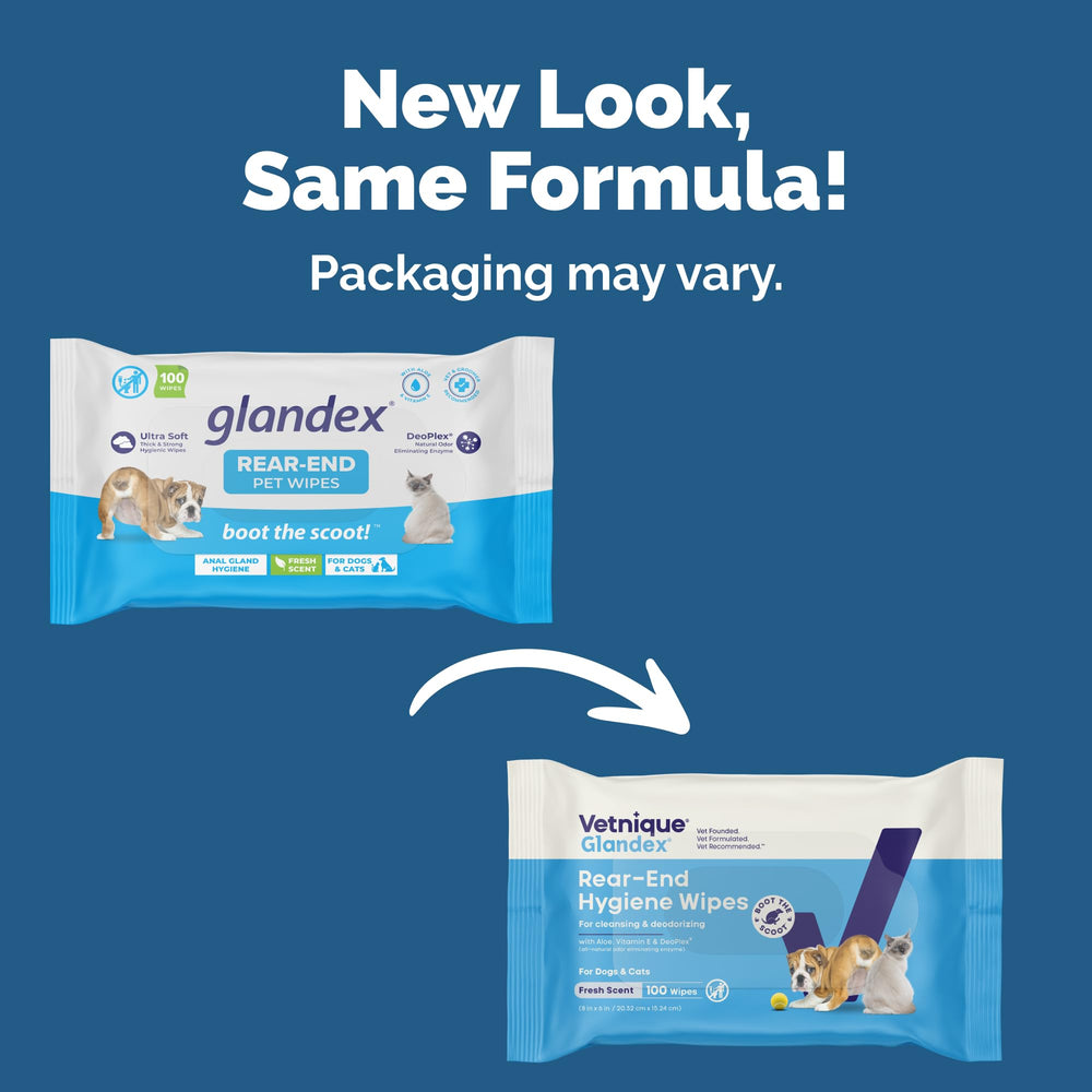 Vetnique Glandex dog wipes on coat for smoothing and deodorizing.